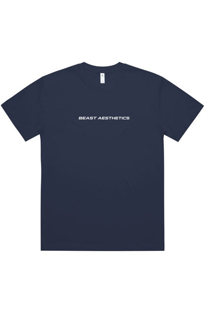 A navy blue short-sleeve t-shirt with 'BEAST AESTHETICS' printed in white across the chest, displayed flat against a plain white background.