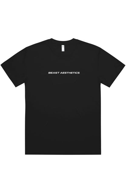 A black short-sleeve crewneck t-shirt with a small white script logo on the left chest, displayed flat against a solid white background.