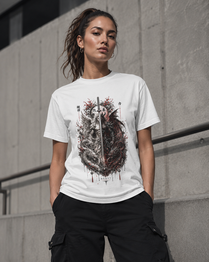 A woman wearing a white graphic t-shirt with a detailed black, gray, and red design of a wolf and dagger, paired with black cargo pants, standing against a concrete wall.