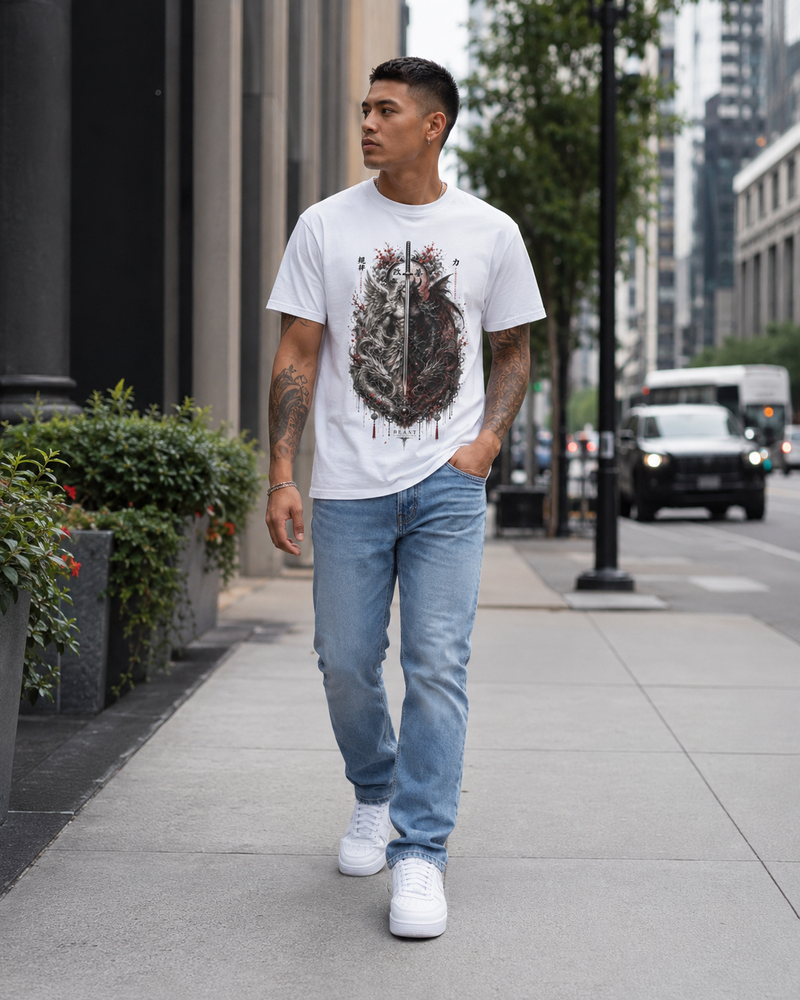A man walking on a city sidewalk wearing a white graphic t-shirt with a detailed black and red brain design, light blue jeans, and white sneakers.