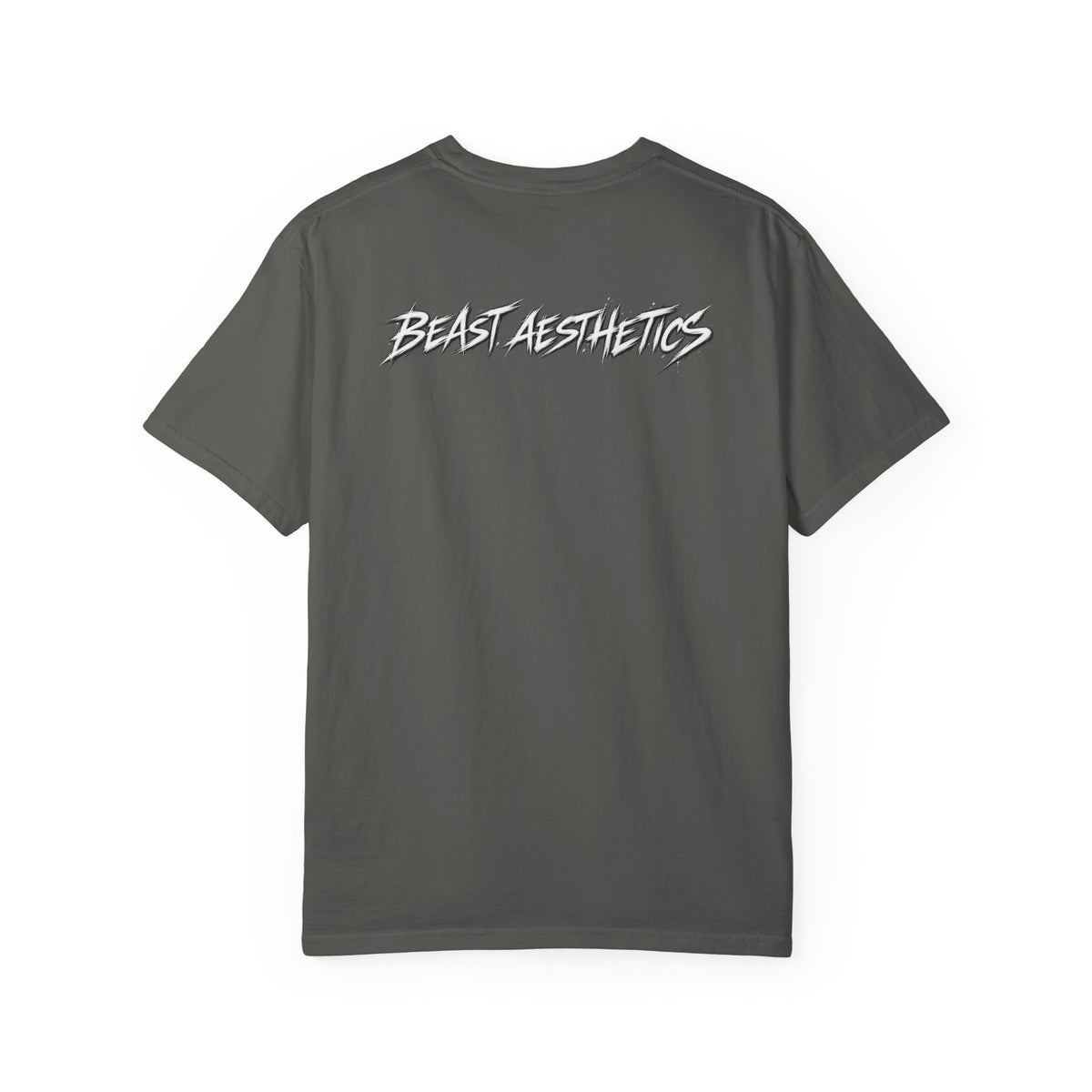 Gray t-shirt with a logo on the back against a white background