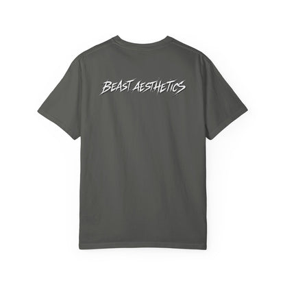 Gray t-shirt with a logo on the back against a white background