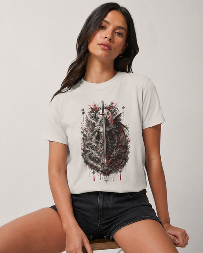 A woman wearing a white graphic t-shirt with a detailed gothic illustration of a heart, snake, and dagger, paired with black denim shorts, posed against a neutral light gray background.
