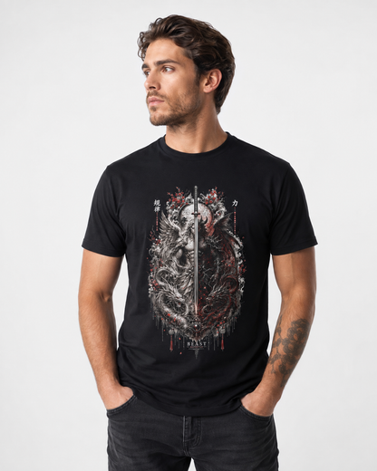 A man wearing a black short-sleeve t-shirt with a detailed graphic print of a dragon wrapped around a vertical sword, set against a plain light gray background.