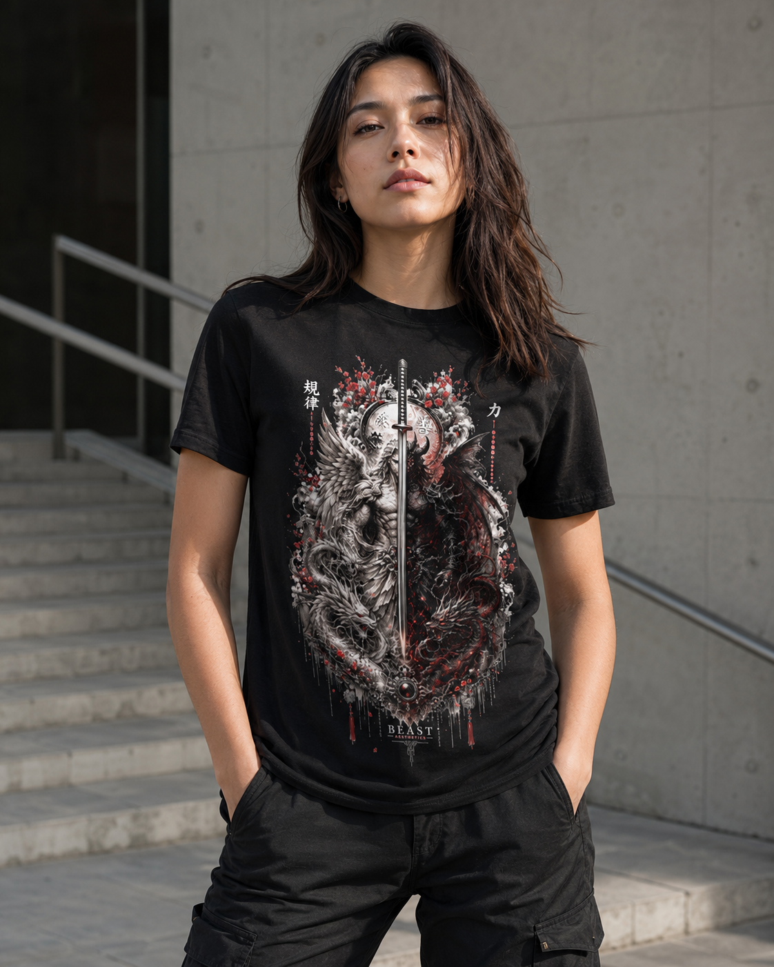A woman wearing a black graphic t-shirt with a detailed dragon design and a sword, paired with black cargo pants, standing outdoors in front of concrete stairs.