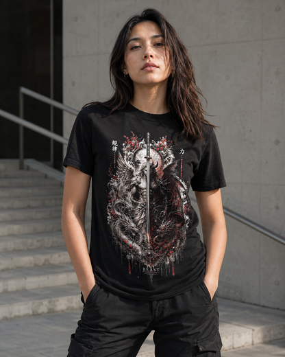 A woman wearing a black graphic t-shirt with a detailed dragon design and a sword, paired with black cargo pants, standing outdoors in front of concrete stairs.