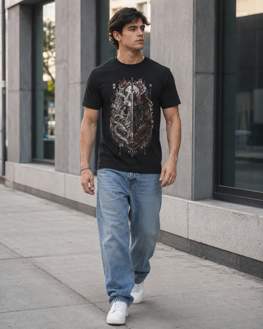 A man walking on a city sidewalk wearing a black graphic t-shirt with a detailed skull design, blue jeans, and white sneakers.