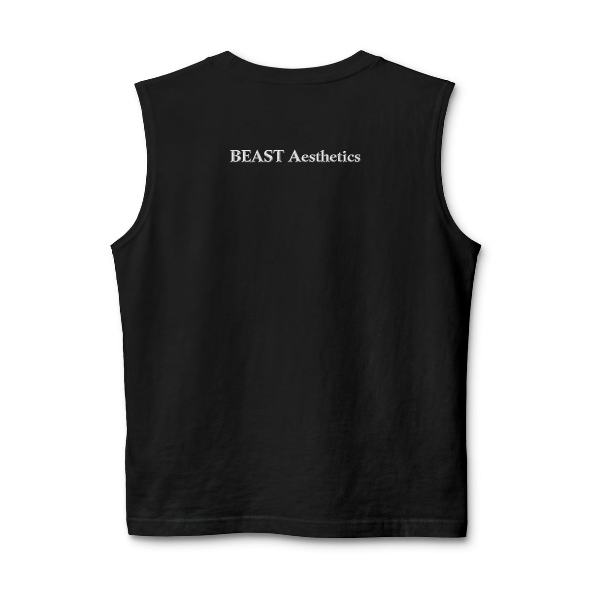 Black sleeveless shirt with Iron Mind logo on the back against a white background