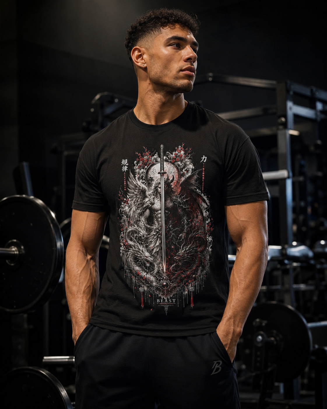 A man in a gym wearing a black graphic t-shirt with a detailed dragon design and the word 'MIGHT' on the front, paired with black sweatpants.