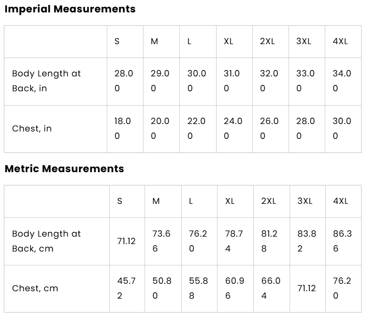 A size chart table showing Imperial and Metric measurements for clothing sizes S through 4XL, with body length and chest measurements listed in inches and centimeters.