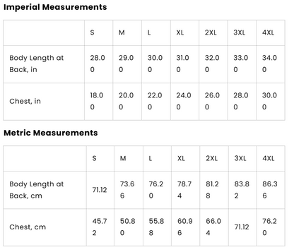 A size chart table showing Imperial and Metric measurements for clothing sizes S through 4XL, with body length and chest measurements listed in inches and centimeters.