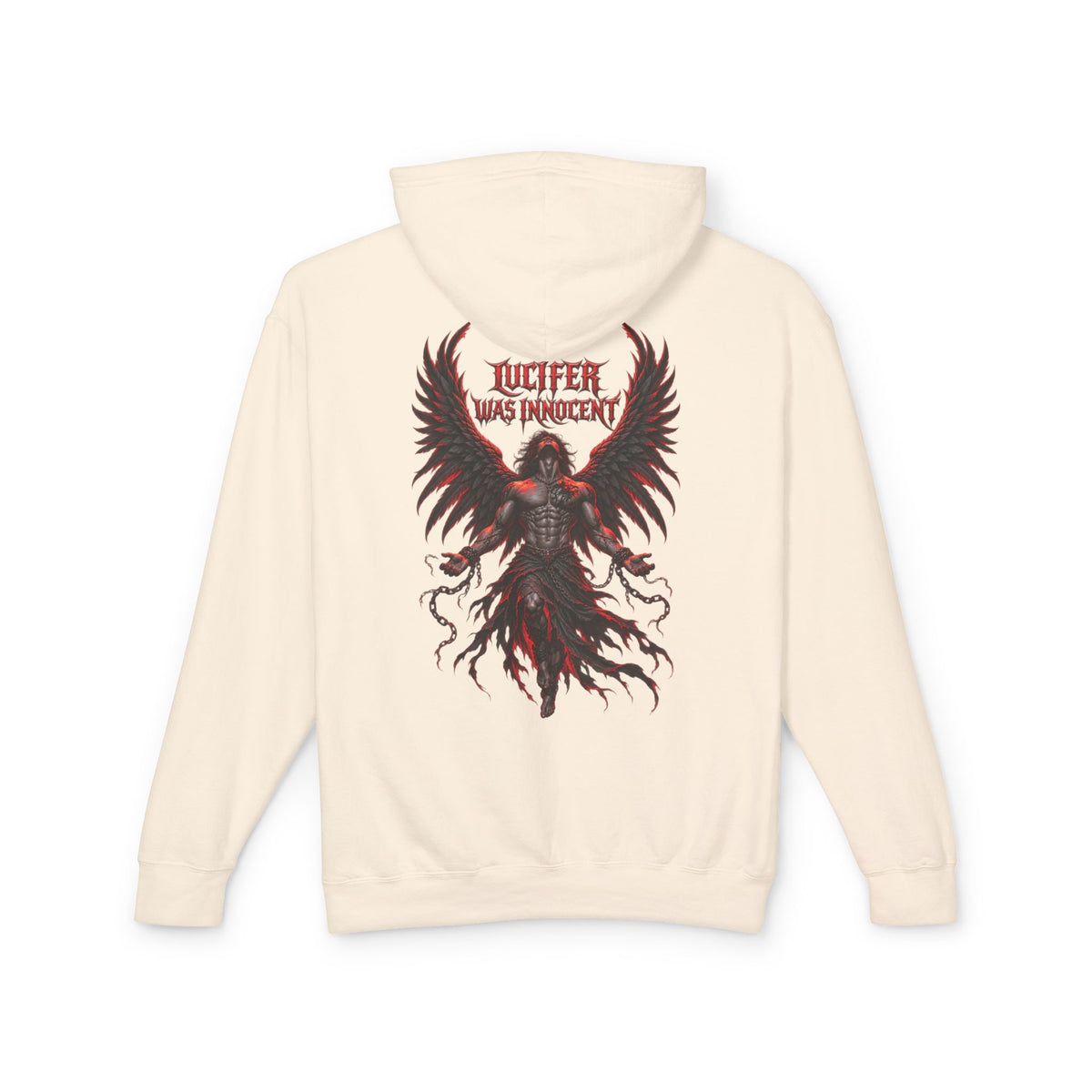 An off-white hooded sweatshirt shown from the back, featuring a large graphic print of a winged demon-like figure in black and red with the text 'LUCIFER WAS INNOCENT'.