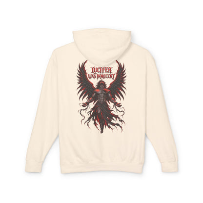 An off-white hooded sweatshirt shown from the back, featuring a large graphic print of a winged demon-like figure in black and red with the text 'LUCIFER WAS INNOCENT'.