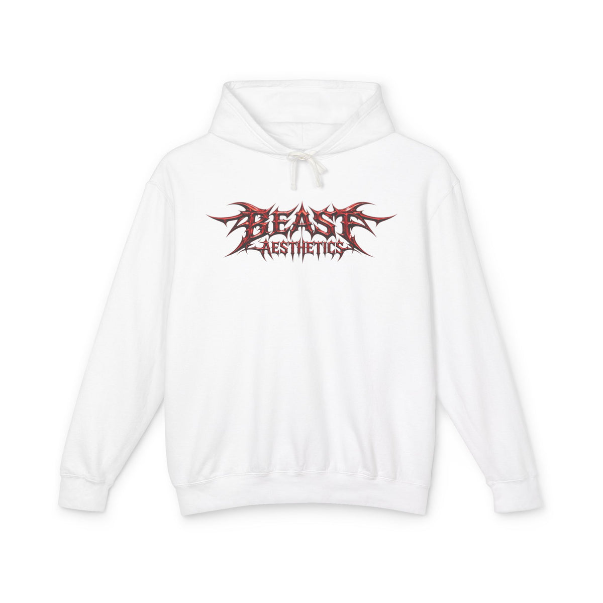 A white pullover hoodie with a stylized red and black 'BEAST AESTHETICS' graphic printed on the chest, displayed against a solid white background.