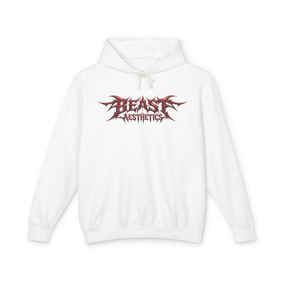 A white pullover hoodie with a stylized red and black 'BEAST AESTHETICS' graphic printed on the chest, displayed against a solid white background.