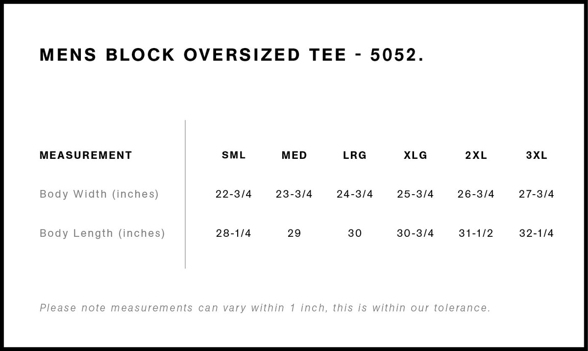 Measurement chart for a men's block oversized tee with size chart.