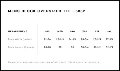 Measurement chart for a men's block oversized tee with size chart.