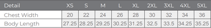 A small size measurement chart with a gray gradient background and a table showing chest width and body length by sizes XS through 5XL.