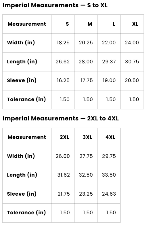 A sizing chart with two tables showing imperial measurements for S to XL and 2XL to 4XL sizes, including width, length, sleeve, and tolerance in inches.