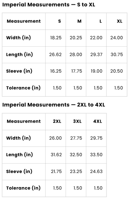 A sizing chart with two tables showing imperial measurements for S to XL and 2XL to 4XL sizes, including width, length, sleeve, and tolerance in inches.