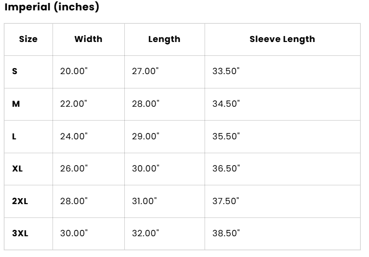 A size chart table titled 'Imperial (inches)' showing size options S through 3XL with width, length, and sleeve length measurements in inches.