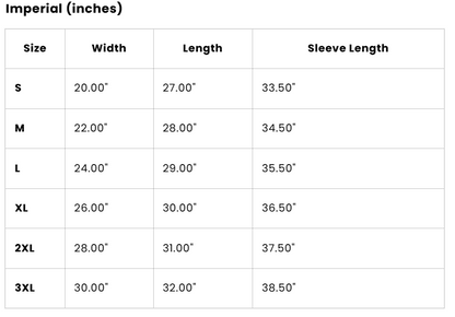 A size chart table titled 'Imperial (inches)' showing size options S through 3XL with width, length, and sleeve length measurements in inches.