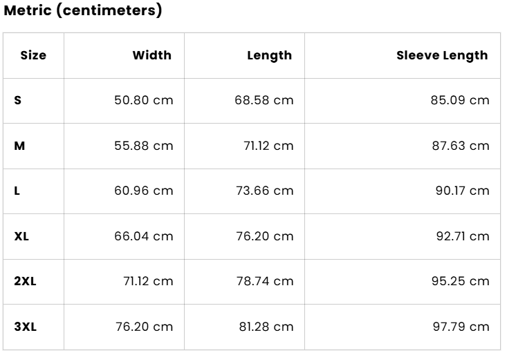 A size chart table showing measurements in centimeters for sizes S through 3XL, with columns for Width, Length, and Sleeve Length.