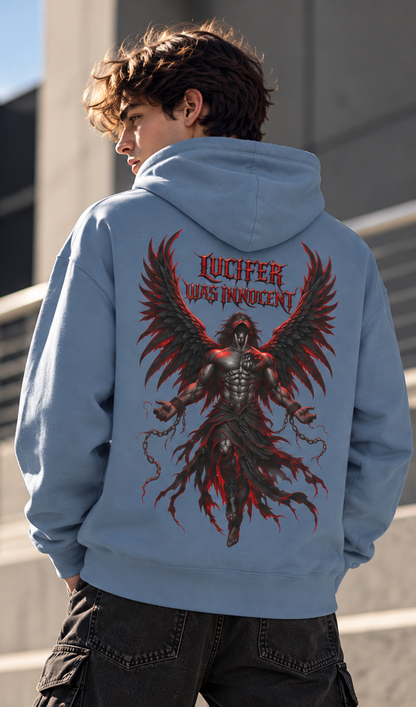 A person wearing a light blue hoodie from the back, featuring a large graphic print of a winged demon-like figure with red and black details and the text 'LUCIFER WAS INDOCENT'.