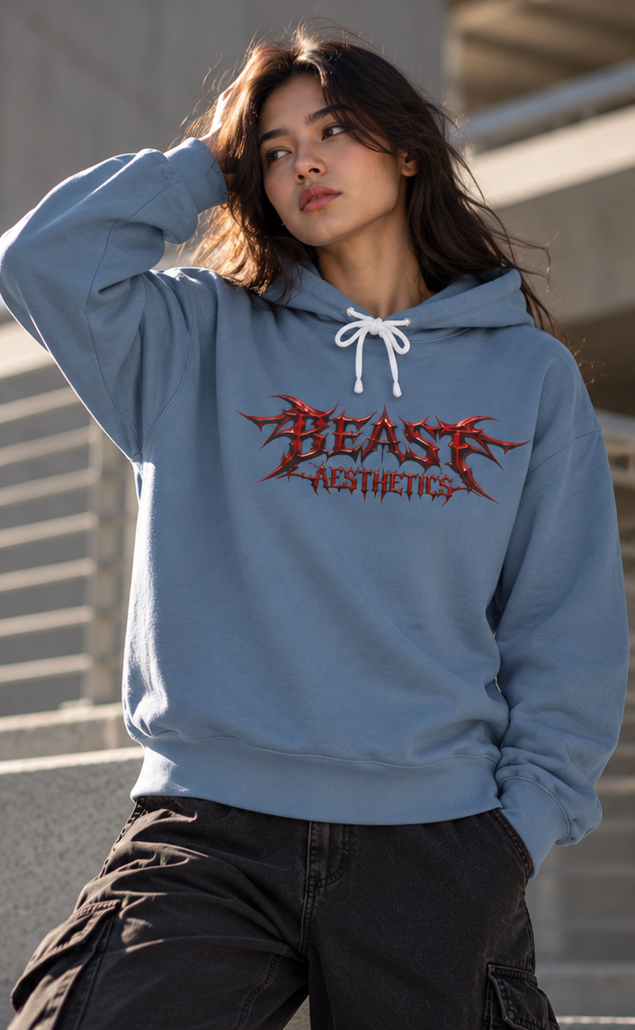 A woman wearing a dusty blue hoodie with a red and black 'BEAST AESTHETICS' graphic on the chest, paired with black cargo pants, standing against a modern concrete staircase background.