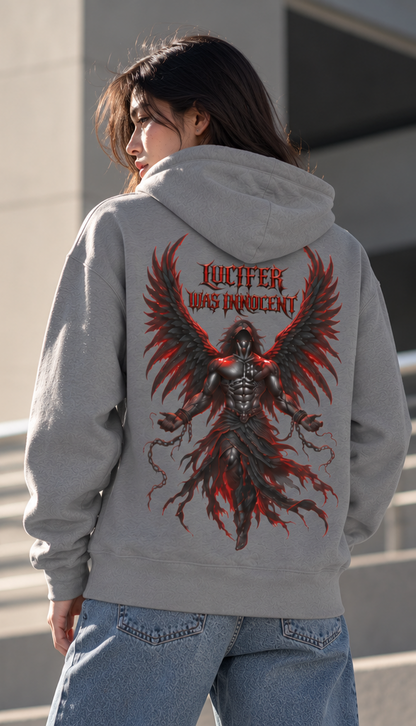A woman wearing a light gray hoodie from the back, featuring a large graphic print of a winged demon with red and black details and the text 'LUCIFER WAS INVOLUNT' on the back, paired with light blue jeans.