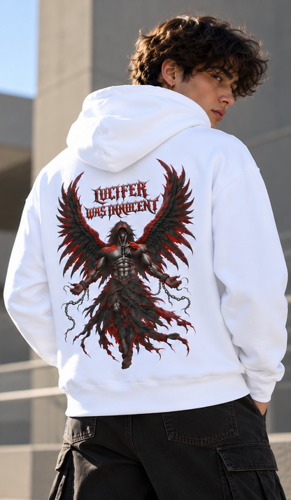 A man wearing a white hoodie from the back, featuring a large graphic print of a winged demon with the text 'LUCIFER WAS PROHIBITED'.