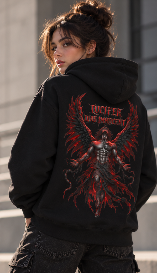 A woman wearing a black hoodie with a large red and black graphic print on the back, featuring a winged figure and the text 'TUCER WAS INNOCENT'.
